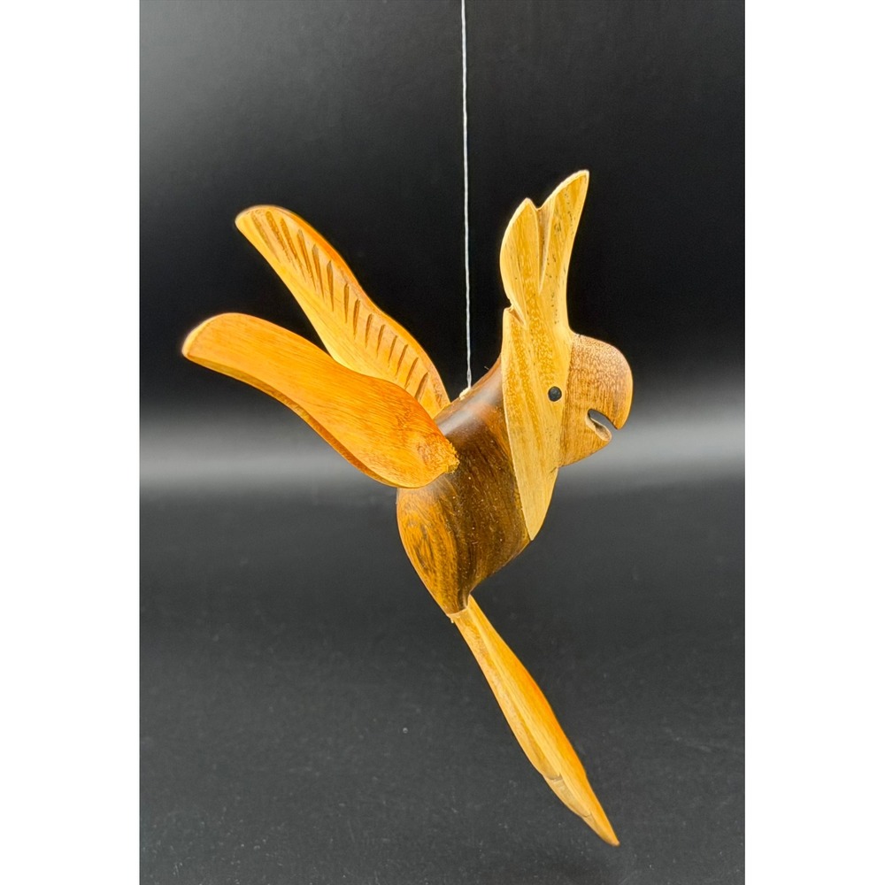 Wood Bird Hanging Figurine Small Brown Tan Hand Carved Folk Art Tropical Boho